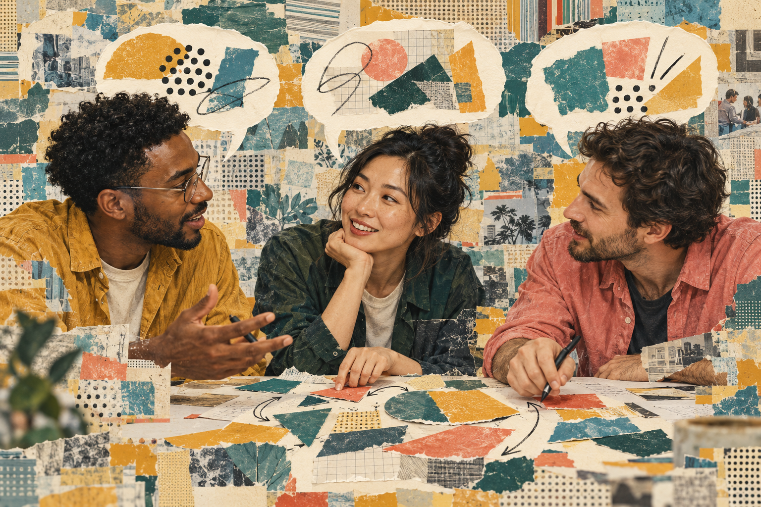 Collage of three colleagues discussing ideas together around a table, with abstract speech bubbles above them.