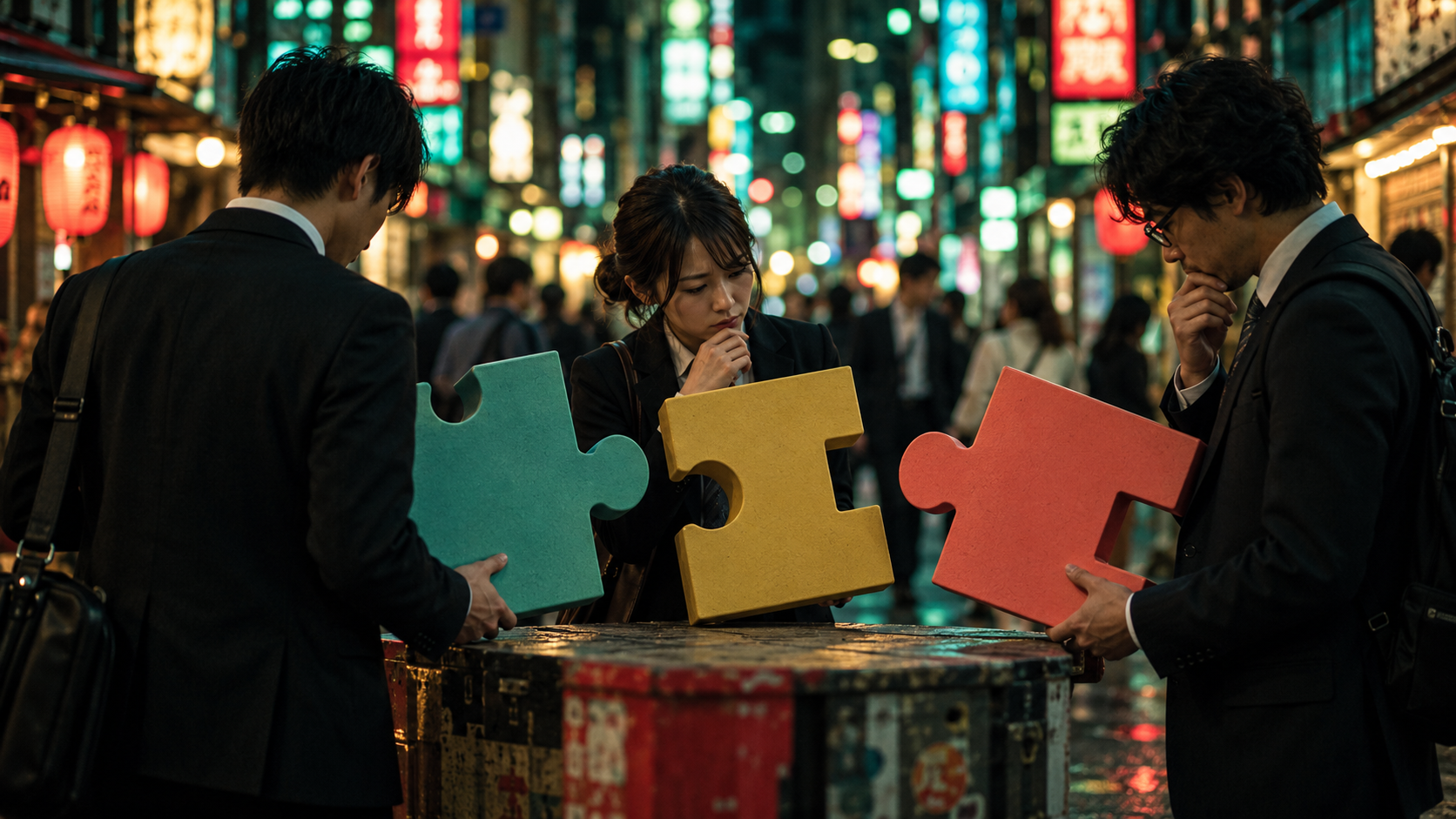 Three people holding separate oversized puzzle pieces on a busy neon-lit street.