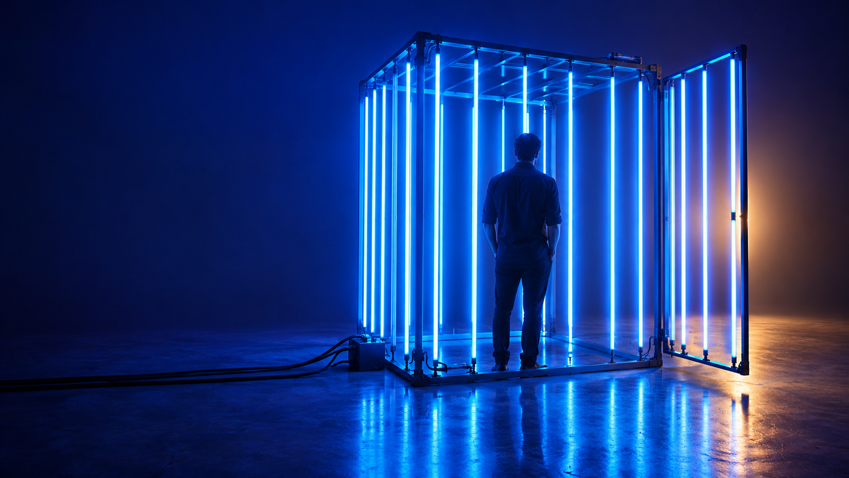 A person standing inside a cage of glowing blue light bars, with the door open.