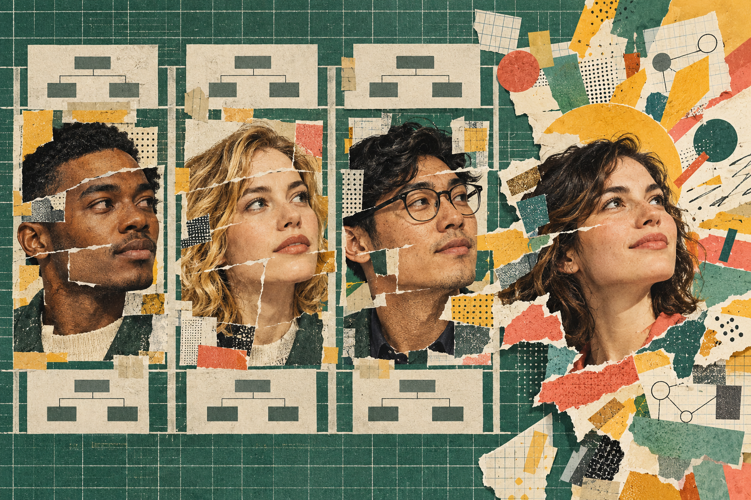 Paper collage of four people, organisation charts and colourful abstract shapes.