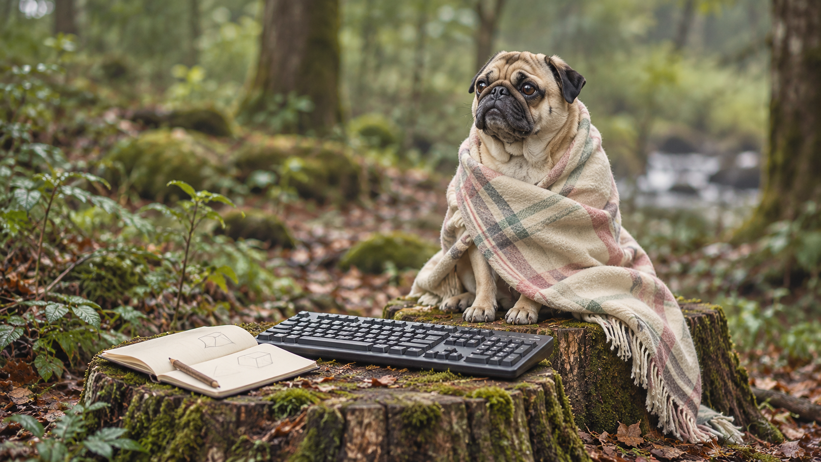 A pug wrapped in a blanket sits on a woodland tree stump beside a keyboard and an open sketchbook.
