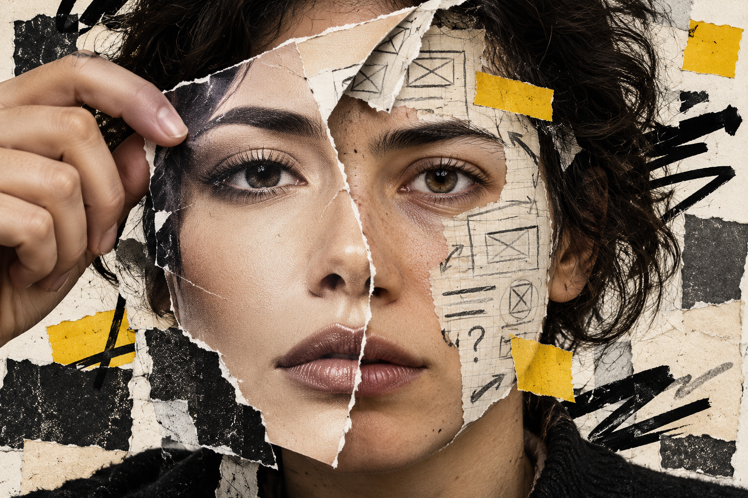 Torn-paper collage of a face, with a polished portrait on one side and rough prototype sketches on the other.