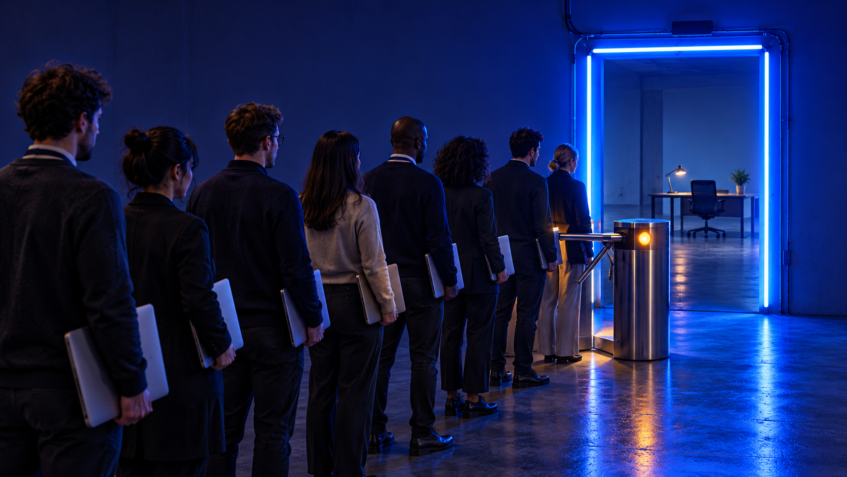 People holding laptops queue at a turnstile in front of a blue-lit doorway leading to a single desk.